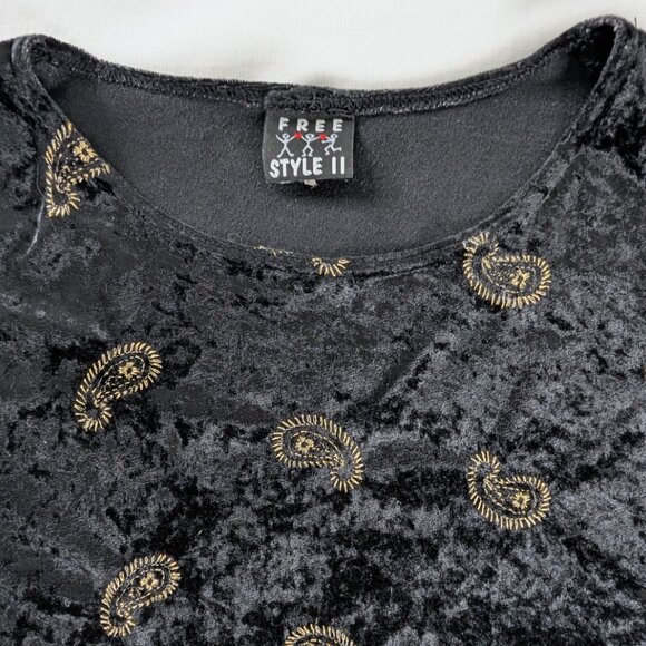 VTG Black Velvet Long Sleeve Gold Embroidered Paisley All Over Print Y2k Top - Picture 6 of 6